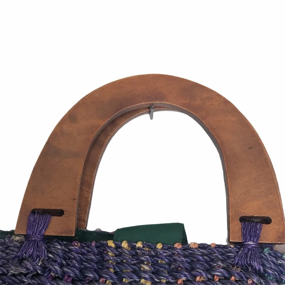 Straw Clutch Purse Rainbow‎ Multi Colors Wood Handles Unbranded EUC SH834